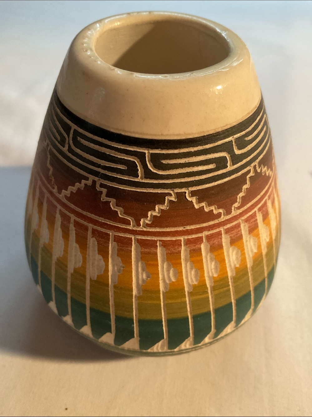 Handcrafted Multi-Color Navajo Etched Pottery Small Vase